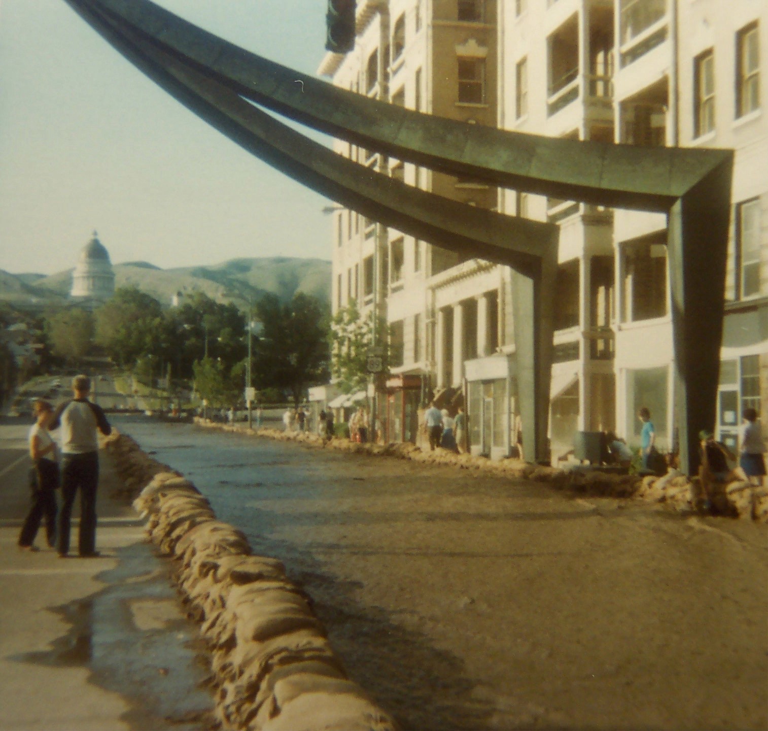 Floodwaters flowing down State Street in downtown Salt Lake City during the 1983 spring flood event